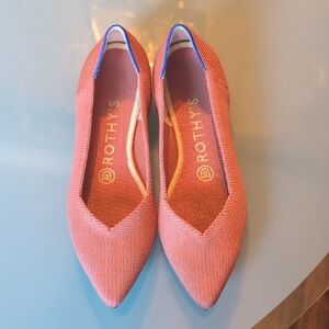 Rothy's Coral Pointed Knit Flats with Blue Trim